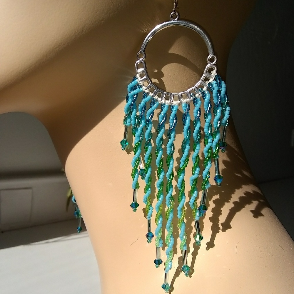 Beaded Handmade Twisted Seas Long Hoop Earrings - Picture 4 of 8